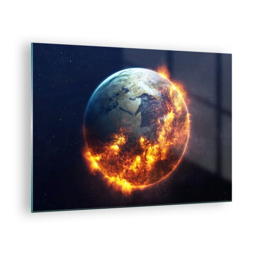 Quadro em vidro - Terra cercada por chamas no espaço sideral - 70x50cm - A chama do apocalipse - Decoração de parede moderna para a sala de estar e quarto ARTTOR