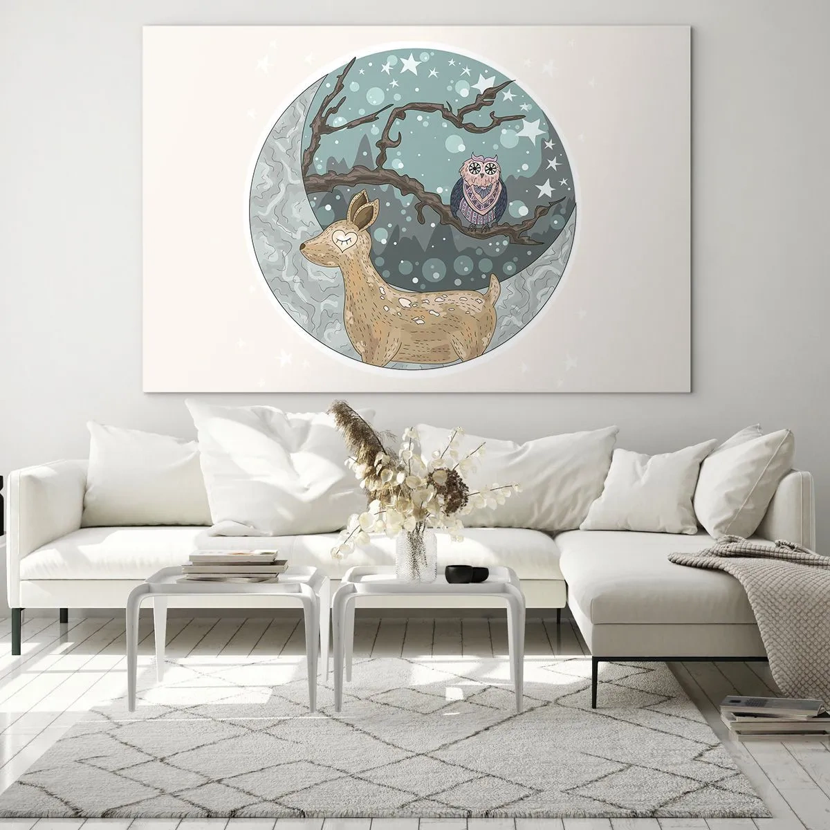 Quadro em vidro - Ilustração de um veado e uma coruja em um cenário mágico - 70x50cm - Noite na floresta como em um conto de fadas - Decoração de parede moderna para a sala de estar e quarto ARTTOR
