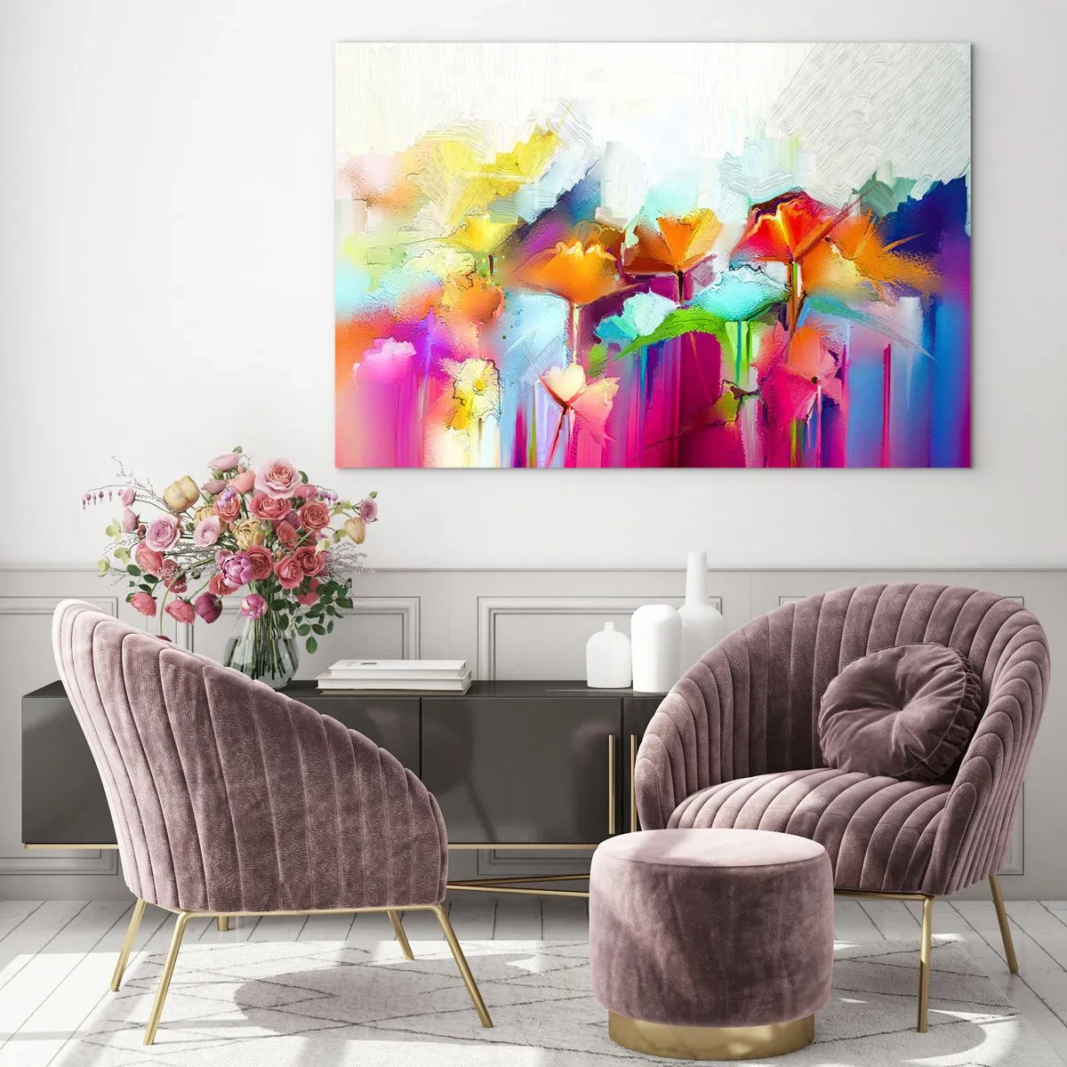 Quadro em vidro - Flores abstratas em cores intensas do arco-íris - 70x50cm - O arco-íris floresceu - Decoração de parede moderna para a sala de estar e quarto ARTTOR