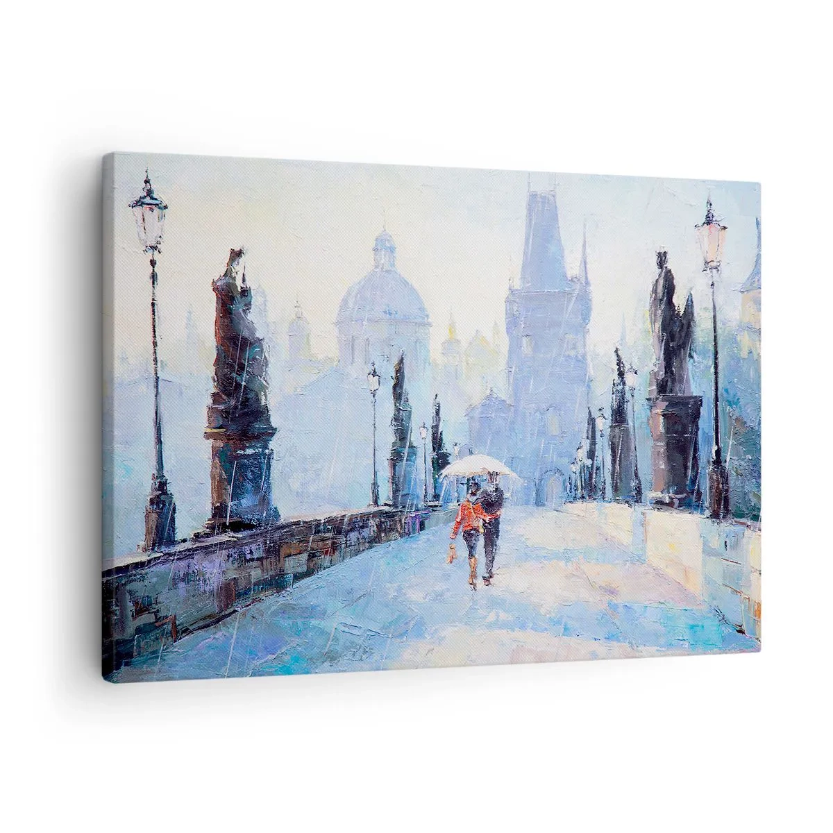 Quadro em tela - Casal romântico em uma ponte na chuva, uma cena pictórica - 70x50cm - A chuva deve ter nos encantado - Decoração de parede moderna para a sala de estar e quarto ARTTOR