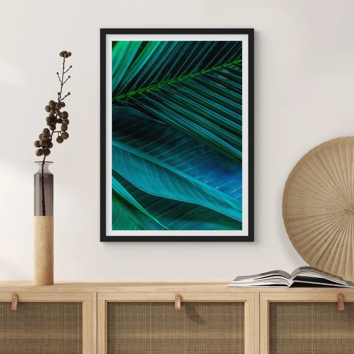 Pôster com moldura preta - Folhas tropicais em tons de verde profundo - 50x70cm - Anatomia da vegetação - Decoração de parede moderna para a sala de estar e quarto ARTTOR