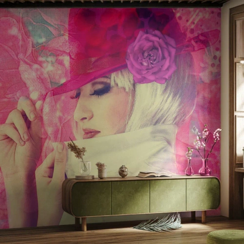 Papel de Parede Premium Canvas - Retrato retro em rosa - Mulher de chapéu, Flores, Moda - 350x256 cm