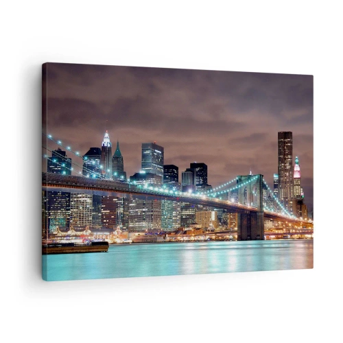 Quadro em tela - A ponte iluminada à noite tendo como pano de fundo o panorama da cidade moderna - 70x50cm - Luzes de uma cidade grande - Decoração de parede moderna para a sala de estar e quarto ARTTOR