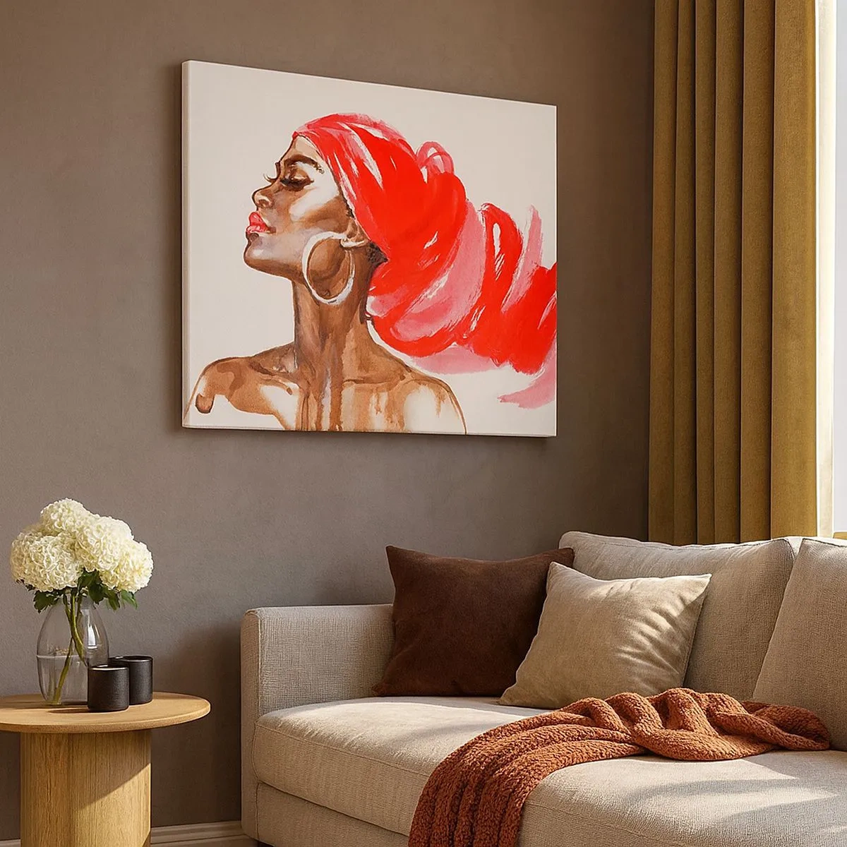 Quadro em tela - Perfil de uma mulher com turbante vermelho e brincos - 70x50cm - Há um vento que abre as narinas de um homem - Decoração de parede moderna para a sala de estar e quarto ARTTOR