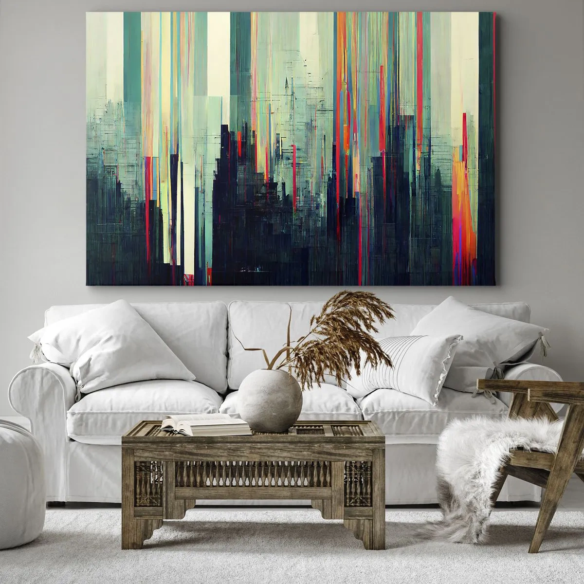Quadro em tela - Abstração com linhas verticais e um horizonte de cidade - 70x50cm - Cidade futurista - Decoração de parede moderna para a sala de estar e quarto ARTTOR