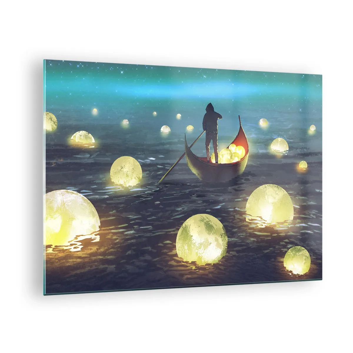 Quadro em vidro - Um barco com lanternas na água em uma paisagem surreal - 70x50cm - Coisas com as quais os filósofos nunca sonharam - Decoração de parede moderna para a sala de estar e quarto ARTTOR