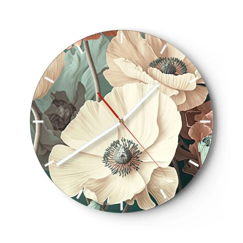 Relógio de parede - Relógio em vidro - Flores de papoula creme sobre um fundo de folhas em uma paleta pastel suave - 30x30cm - O sussurro das papoulas - Decoração de parede moderna para a sala de estar, cozinha e quarto ARTTOR
