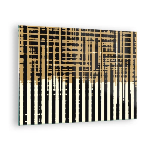 Quadro em vidro - Listras e linhas geométricas em tons de preto e dourado - 70x50cm - Abstração arquitetónica - Decoração de parede moderna para a sala de estar e quarto ARTTOR