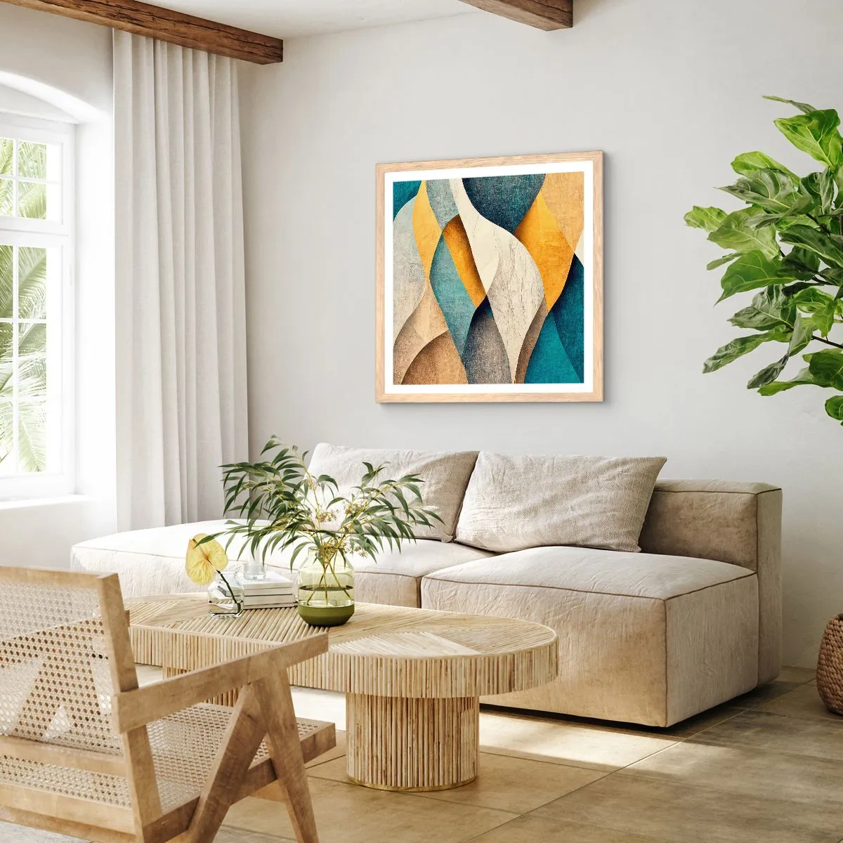 Pôster com moldura de carvalho claro - Ritmo e onda - 50x50 cm