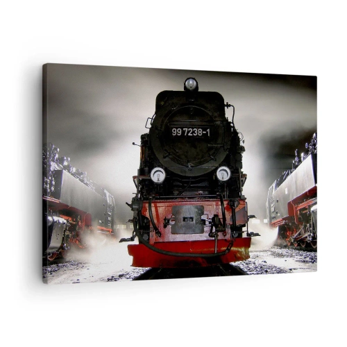 Quadro em tela - Uma locomotiva a vapor cercada por vapor contra um céu escuro em um ambiente atmosférico - 70x50cm - Fica de pé e ofega, arfa e assopra - Decoração de parede moderna para a sala de estar e quarto ARTTOR