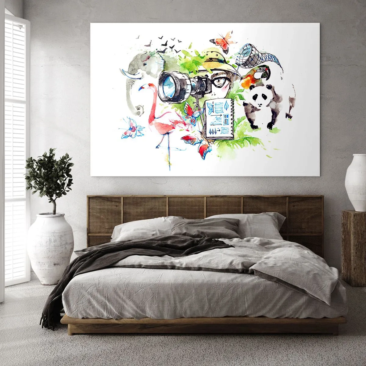 Quadro em vidro - Ilustração de um fotógrafo com uma câmera e animais - 70x50cm - Através da lente do viajante - Decoração de parede moderna para a sala de estar e quarto ARTTOR