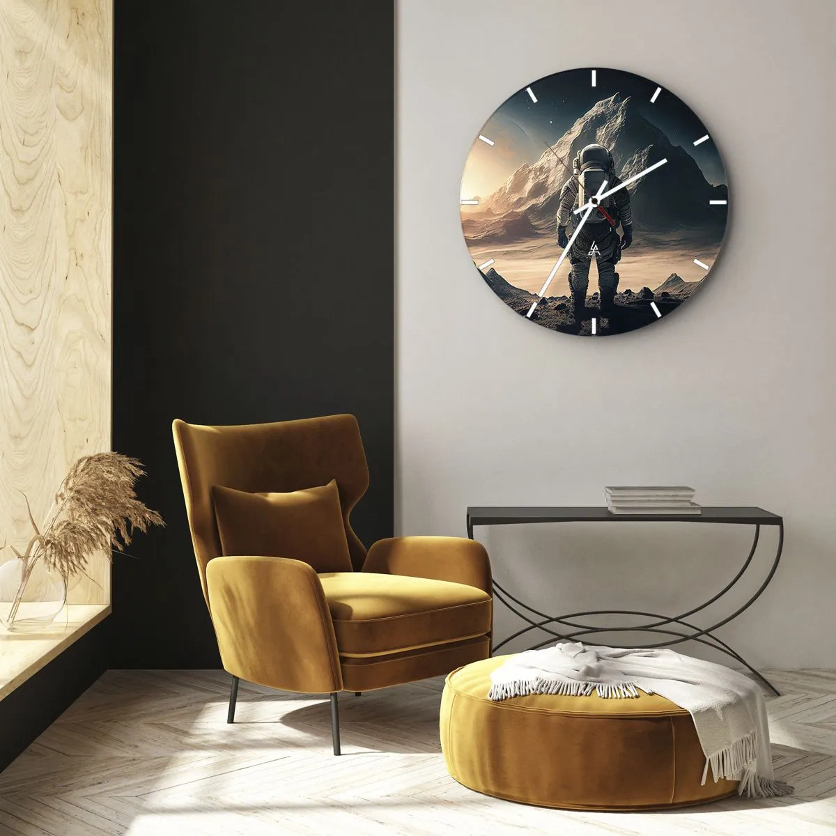 Relógio de parede - Relógio em vidro - Um astronauta olhando para uma paisagem espacial com uma montanha - 30x30cm - Novo desafio - Decoração de parede moderna para a sala de estar, cozinha e quarto ARTTOR