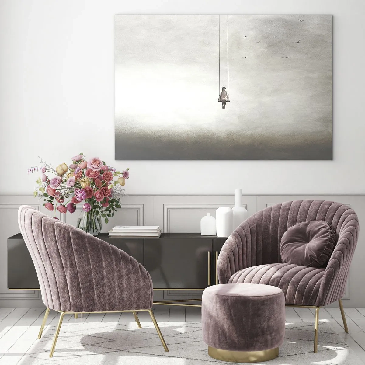 Quadro em vidro - Uma figura em um balanço suspensa no céu - 70x50cm - A criança em nós - Decoração de parede moderna para a sala de estar e quarto ARTTOR