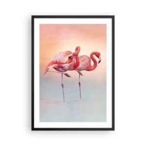 Pôster com moldura preta - Flamingos contra um fundo de pôr do sol em tons pastéis - 50x70cm - Na cor do sol poente - Decoração de parede moderna para a sala de estar e quarto ARTTOR
