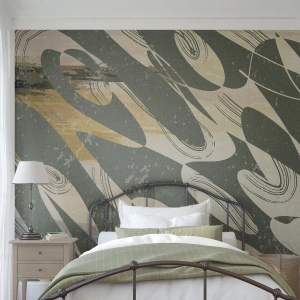 Papel de Parede Standard Eco - Uma composição verde e bege com formas abstratas dinâmicas - 100x70cm - Abstração rítmica - Decoração de parede moderna para a sala de estar e quarto ARTTOR