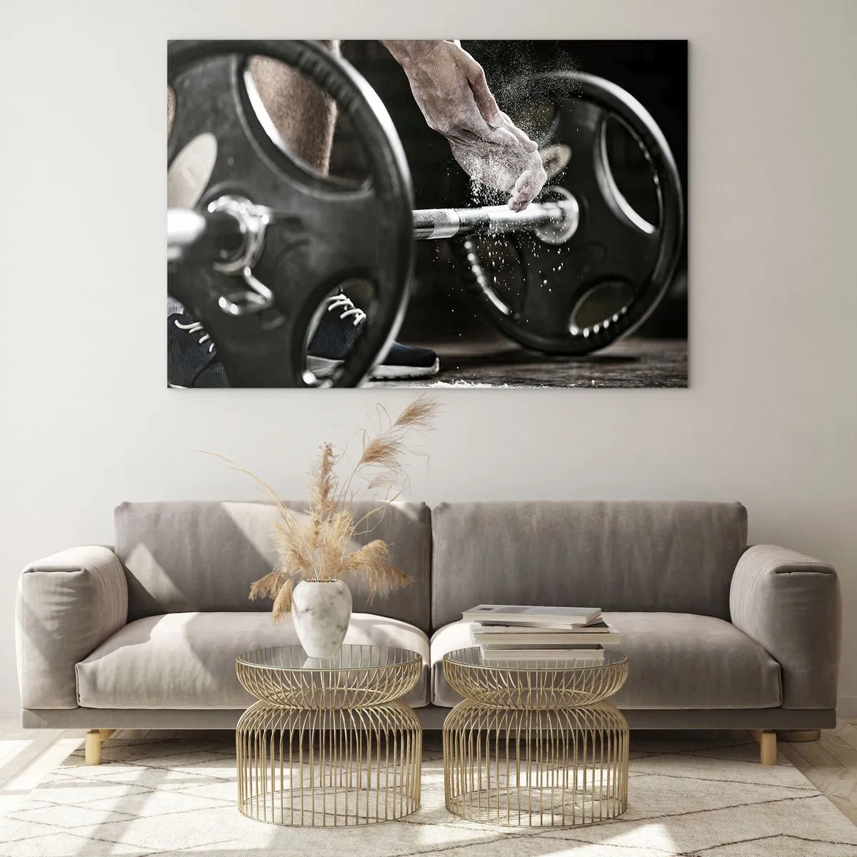 Quadro em vidro - Levantamento de peso com giz nas mãos e uma barra - 70x50cm - Desafio aceite! - Decoração de parede moderna para a sala de estar e quarto ARTTOR