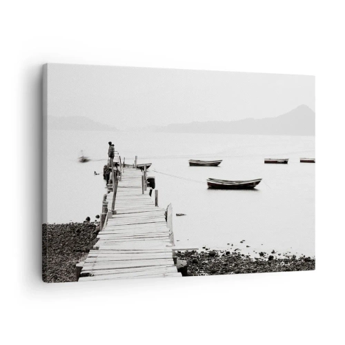 Quadro em tela - Píer de madeira e barcos em águas calmas - 70x50cm - Sobre água calma e límpida - Decoração de parede moderna para a sala de estar e quarto ARTTOR