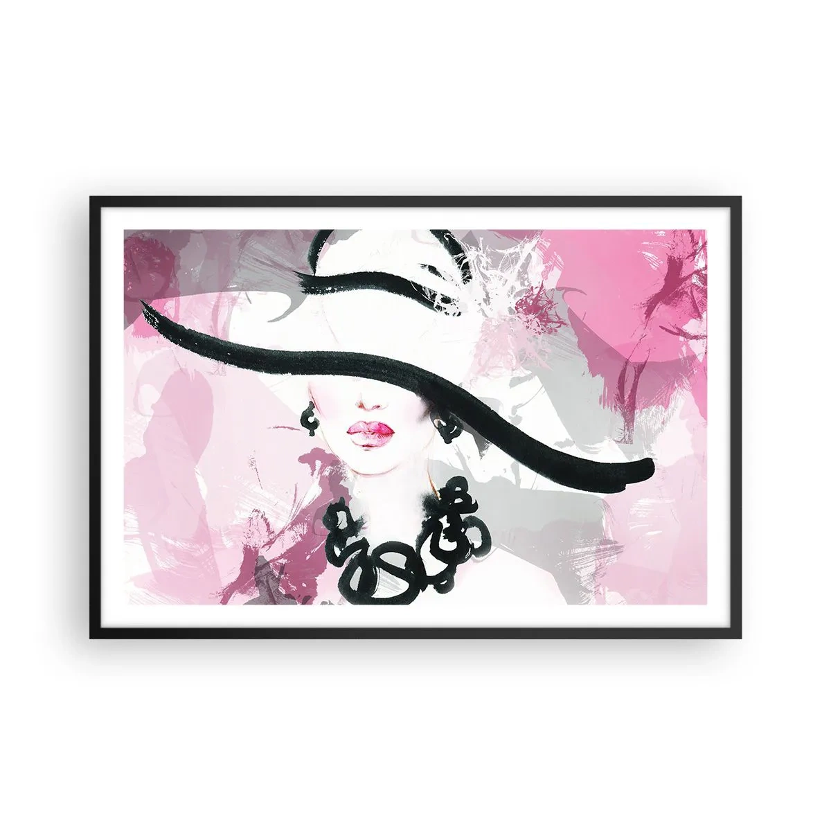 Pôster com moldura preta - Retrato de uma dama a preto e rosa - 91x61 cm