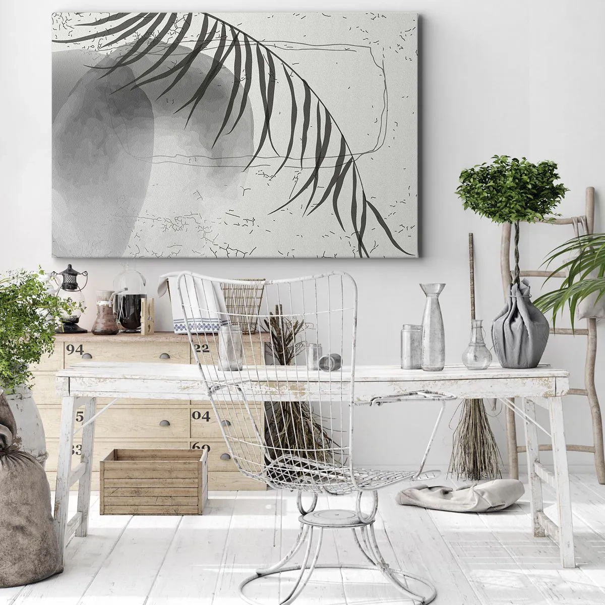 Quadro em tela - Um delicado motivo de folha de palmeira sobre um fundo claro em estilo escandinavo. - 70x50cm - O sutil exotismo da natureza - Decoração de parede moderna para a sala de estar e quarto ARTTOR