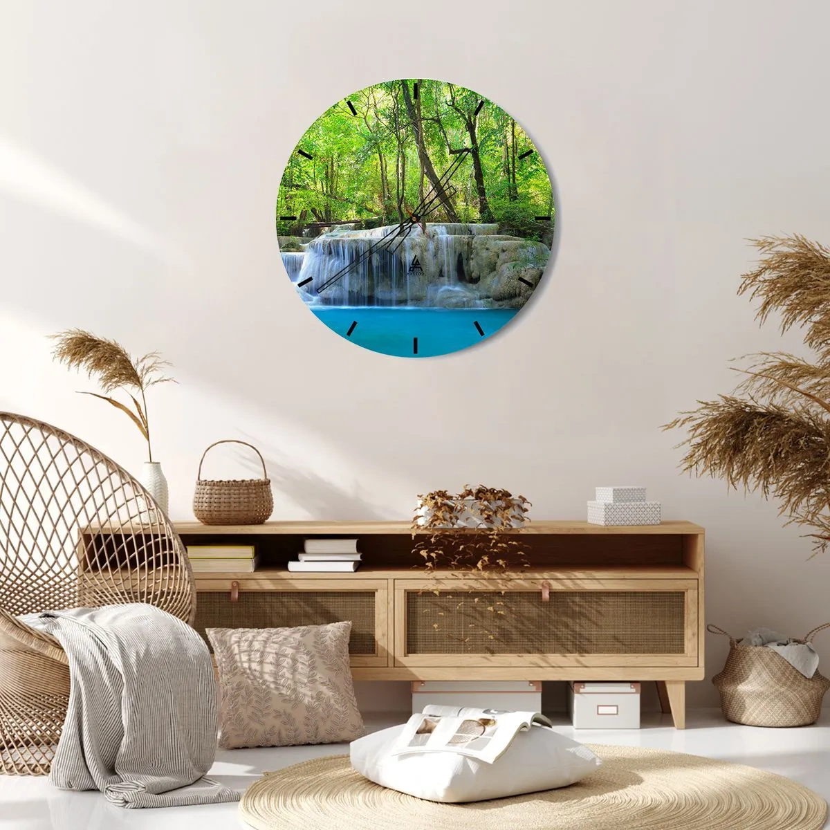 Relógio de parede - Relógio em vidro - Uma cachoeira cercada por floresta verde e água turquesa - 30x30cm - Afogar-se na turquesa e vegetação - Decoração de parede moderna para a sala de estar, cozinha e quarto ARTTOR