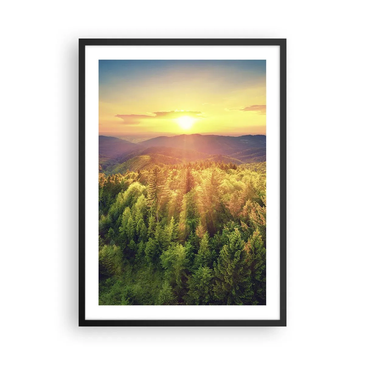 Pôster com moldura preta - Pôr do sol sobre uma floresta montanhosa repleta de vegetação - 50x70cm - Picos e cumes - Decoração de parede moderna para a sala de estar e quarto ARTTOR