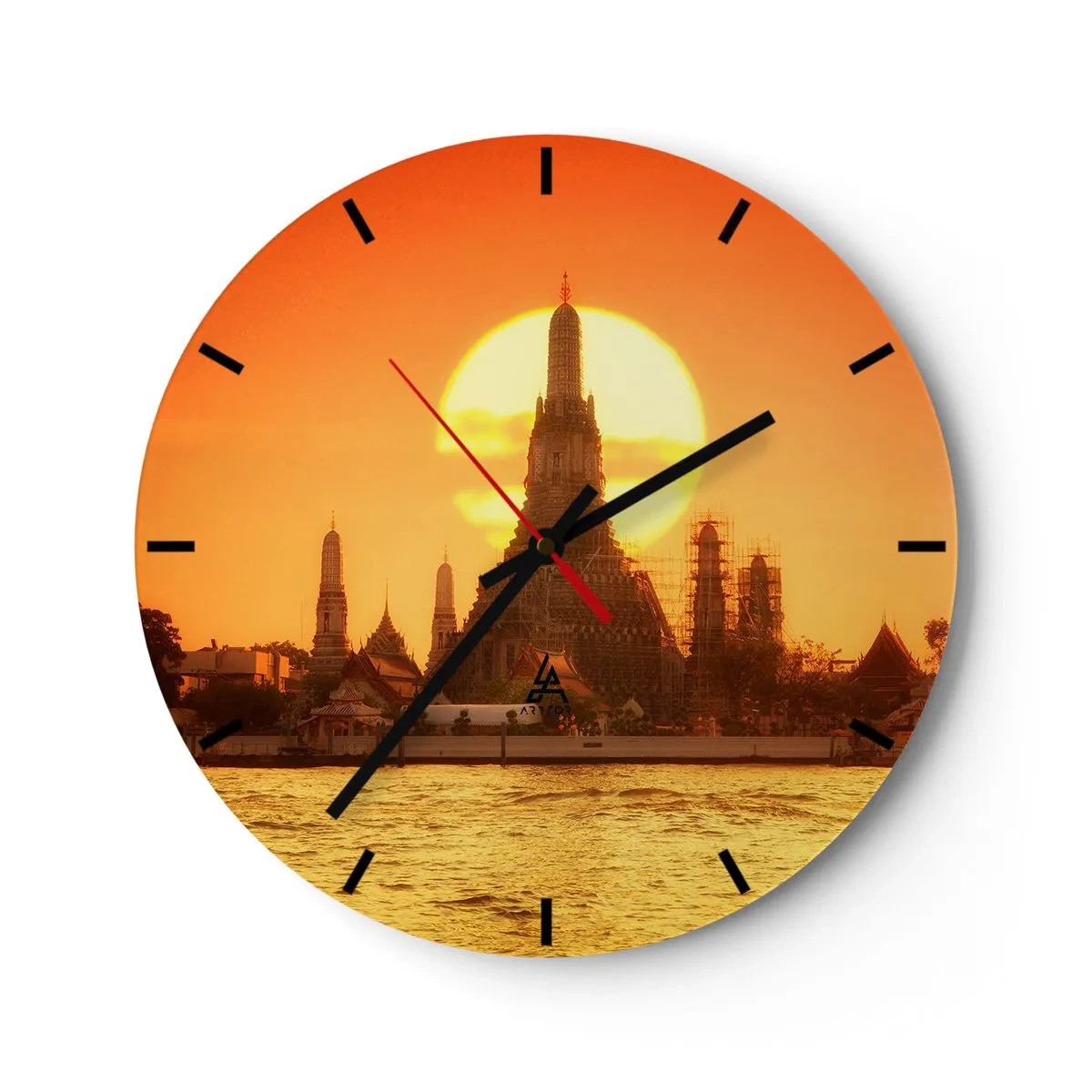 Relógio de parede - Relógio em vidro - O templo à luz do pôr do sol sobre a água - 30x30cm - Rumo ao sol, sempre em direção ao sol - Decoração de parede moderna para a sala de estar, cozinha e quarto ARTTOR