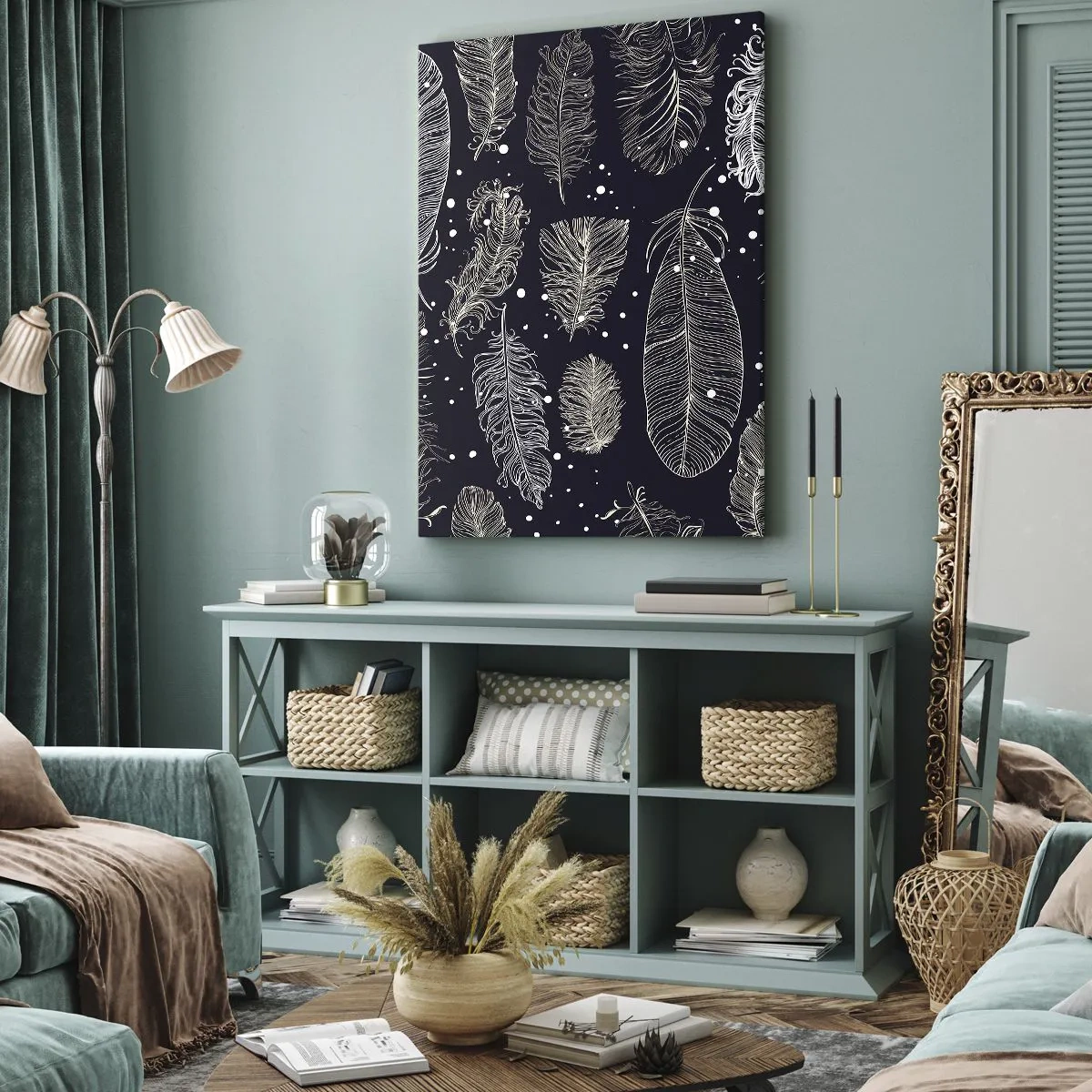 Quadro em tela - Rendas de penas - 65x120 cm