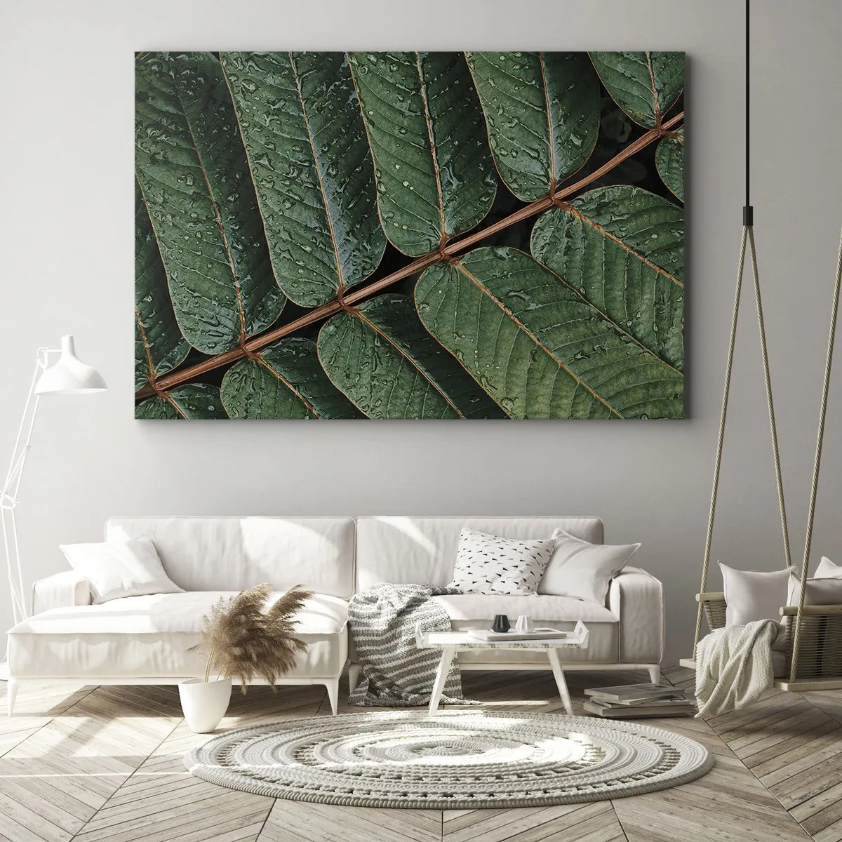 Quadro em tela - Foto macro de folhas verdes com gotas de orvalho - 70x50cm - Num ritmo verde - Decoração de parede moderna para a sala de estar e quarto ARTTOR