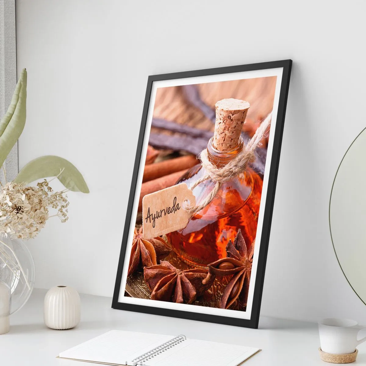 Pôster com moldura preta - Uma garrafa de óleo ayurvédico e especiarias - 50x70cm - Rumo à unidade do corpo e do espírito - Decoração de parede moderna para a sala de estar e quarto ARTTOR