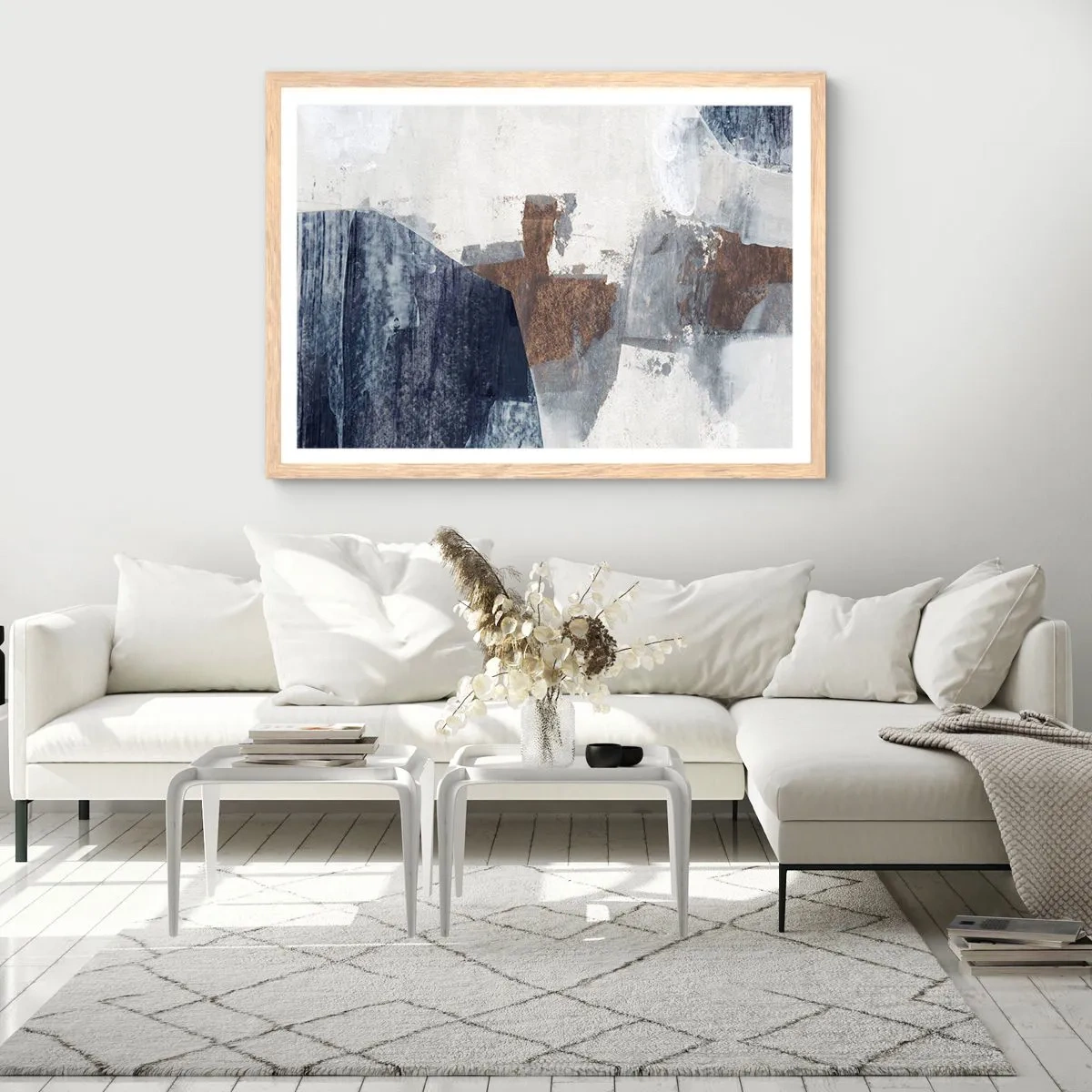 Pôster com moldura de carvalho claro - Formas azuis e marrons - 40x30 cm