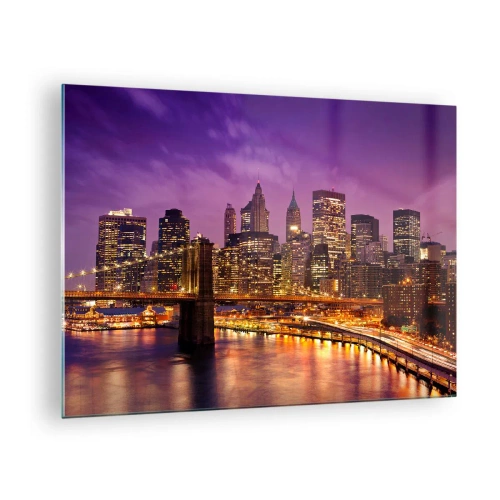 Quadro em vidro - Vista noturna de Nova York com a Ponte do Brooklyn - 70x50cm - Manhathann roxa e dourada - Decoração de parede moderna para a sala de estar e quarto ARTTOR