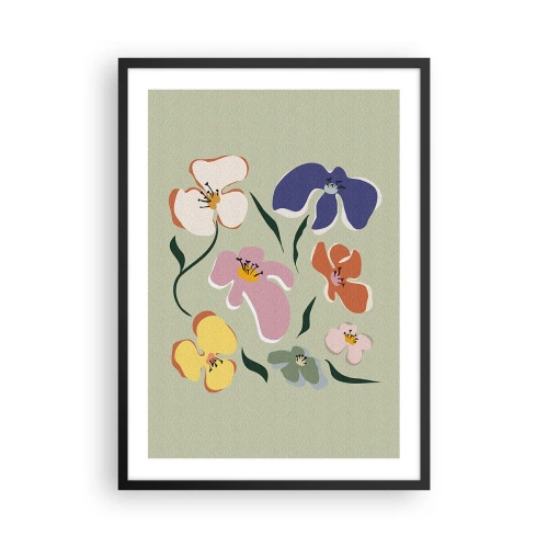 Pôster com moldura preta - Flores coloridas sobre fundo verde em estilo artístico - 50x70cm - Amores-perfeitos para seu irmão - Decoração de parede moderna para a sala de estar e quarto ARTTOR