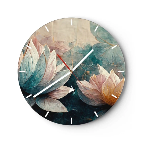 Relógio de parede - Relógio em vidro - Flores de lótus contra o fundo da superfície verde-azulada do lago - 30x30cm - Estrelas do lago - Decoração de parede moderna para a sala de estar, cozinha e quarto ARTTOR