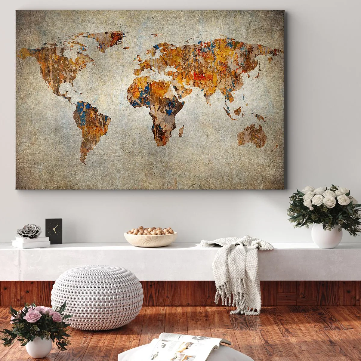 Quadro em tela - Mapa-múndi vintage com detalhes coloridos - 70x50cm - Um mundo verdadeiramente grande - Decoração de parede moderna para a sala de estar e quarto ARTTOR