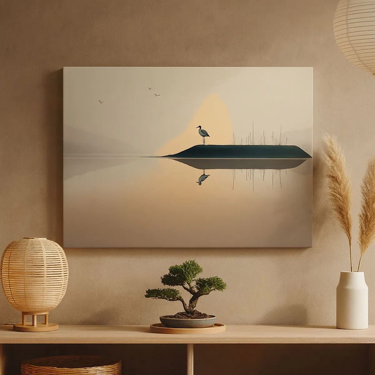 Quadro em tela - Um pássaro em uma ilha em um lago calmo com tons quentes - 70x50cm - Senhor no lago - Decoração de parede moderna para a sala de estar e quarto ARTTOR