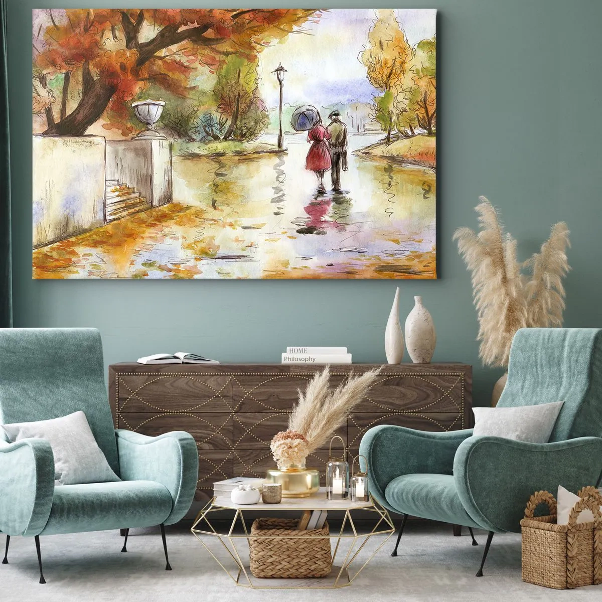 Quadro em tela - Um passeio no parque de outono com um guarda-chuva - 70x50cm - Outono romântico no parque - Decoração de parede moderna para a sala de estar e quarto ARTTOR