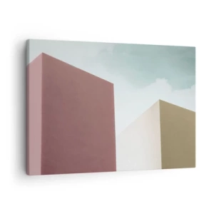Quadro em tela - Arquitetura minimalista com blocos pastéis e céu - 70x50cm - A geometria de um verão ensolarado - Decoração de parede moderna para a sala de estar e quarto ARTTOR