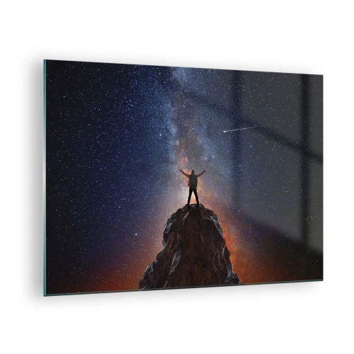 Quadro em vidro - Silhueta de um homem no topo de uma rocha sob um céu estrelado - 70x50cm - A força está comigo! - Decoração de parede moderna para a sala de estar e quarto ARTTOR