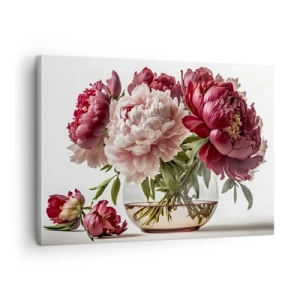 Quadro em tela - Um buquê de peônias em tons de rosa e vermelho - 70x50cm - Em plena floração de beleza - Decoração de parede moderna para a sala de estar e quarto ARTTOR