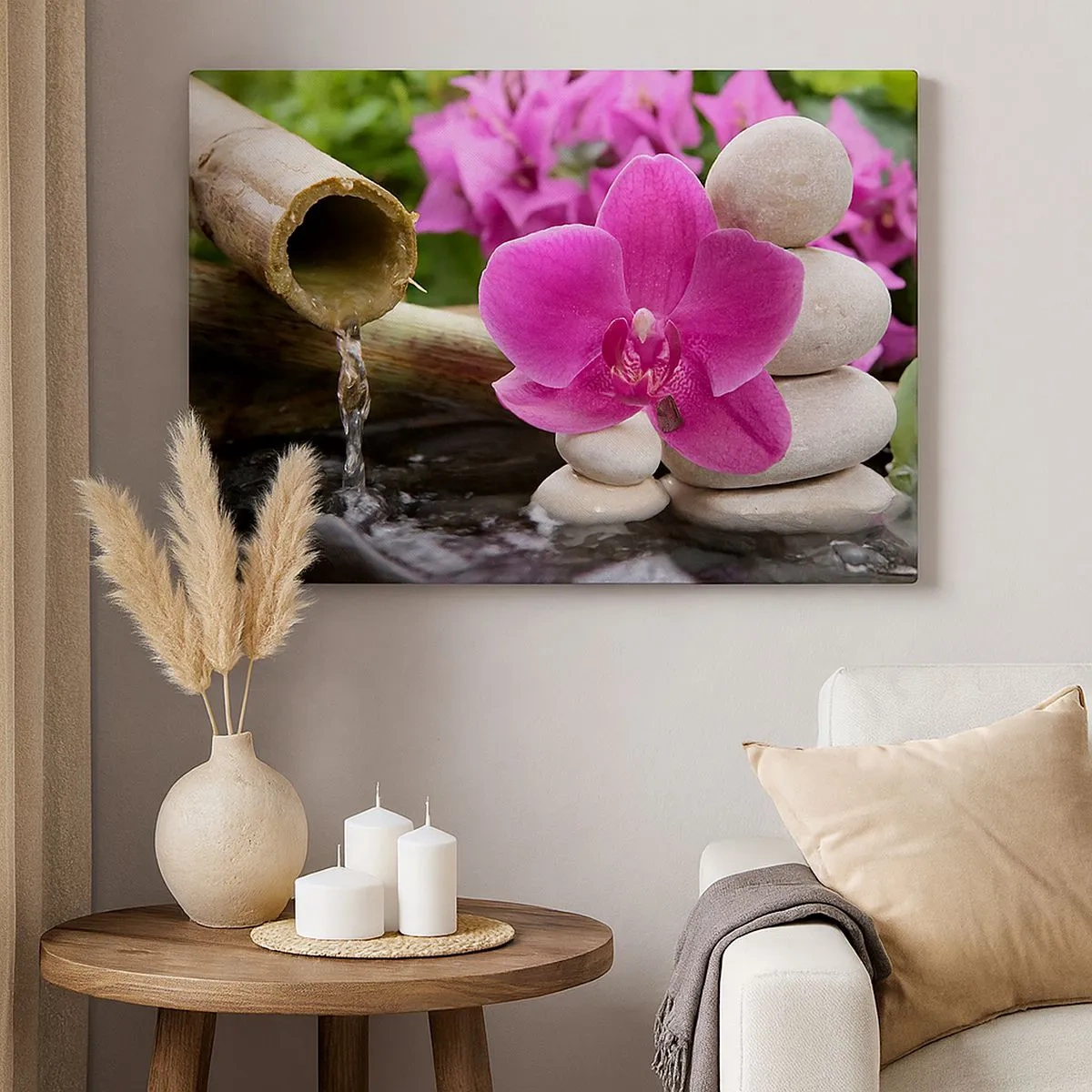 Quadro em tela - Orquídea roxa, pedras e bambu com água em um ambiente relaxante - 70x50cm - Descanso imediato - Decoração de parede moderna para a sala de estar e quarto ARTTOR