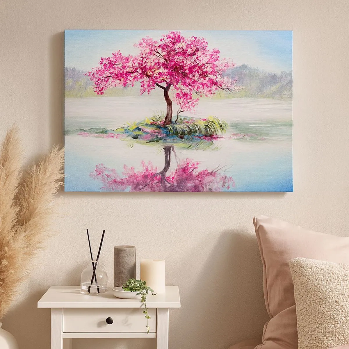 Quadro em tela - Uma árvore florida em águas paradas - 70x50cm - A festa da Primavera - Decoração de parede moderna para a sala de estar e quarto ARTTOR