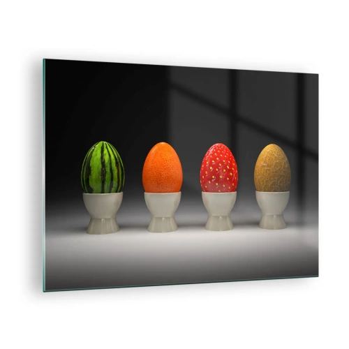 Quadro em vidro - Ovos em cascas de frutas em um suporte - 70x50cm - Café da manhã frutado - Decoração de parede moderna para a sala de estar e quarto ARTTOR