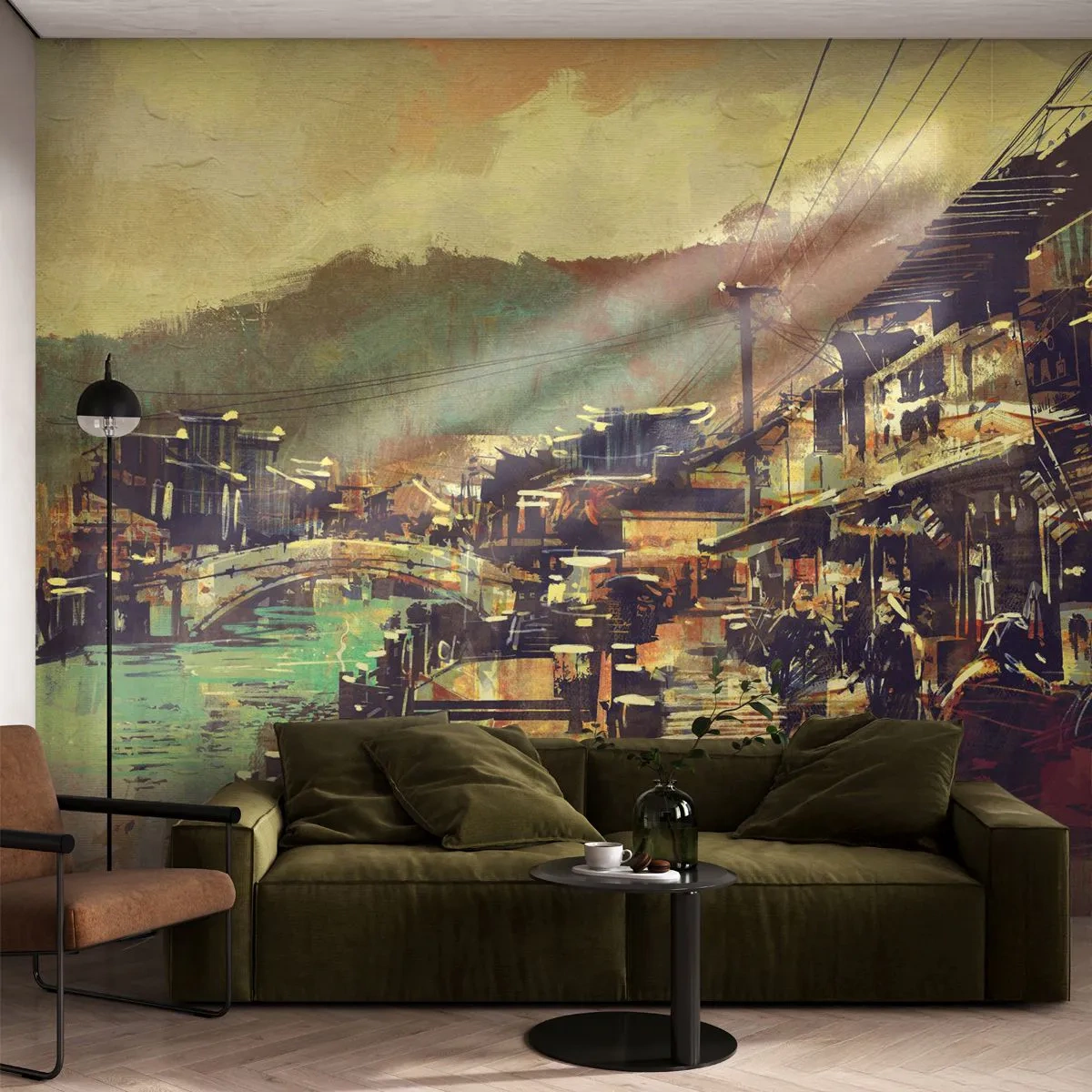 Papel de Parede Standard Eco - Uma pitoresca rua de canal em cores quentes - 100x70cm - A vida como uma riqueza cinzenta - Decoração de parede moderna para a sala de estar e quarto ARTTOR