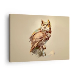 Quadro em tela - Retrato artístico de uma coruja sobre um fundo claro em tons quentes. - 70x50cm - A coruja mais inteligente - a floresta confirma - Decoração de parede moderna para a sala de estar e quarto ARTTOR
