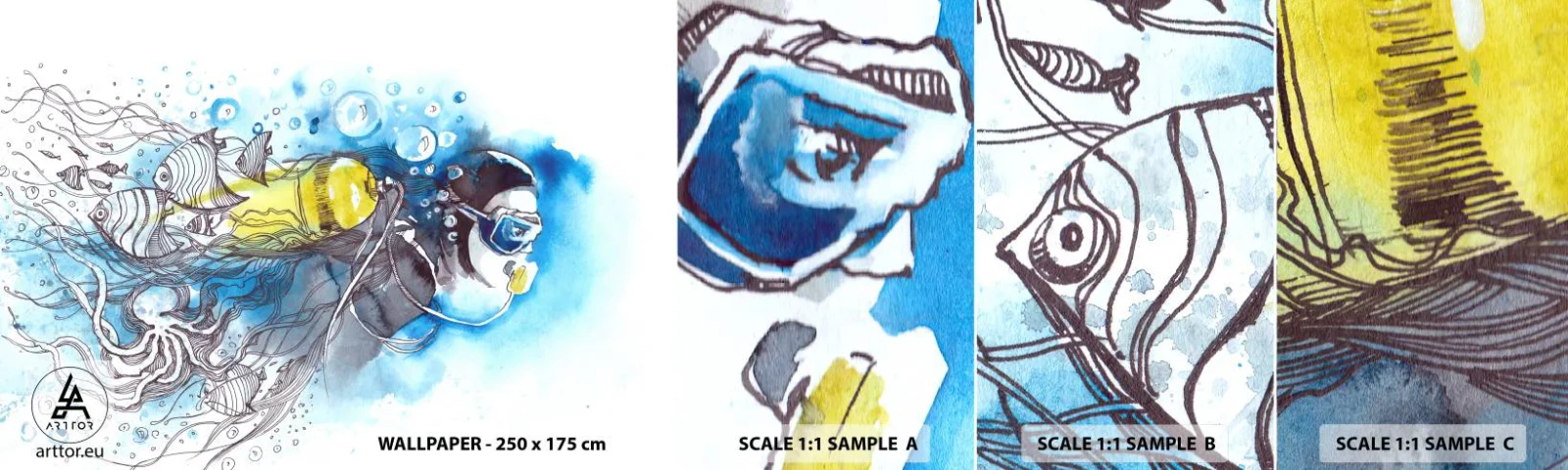 Amostra de papel de parede autocolante Deluxe Sticker - Azul Infinito - Mergulhando, Peixe, Esporte - 100x30 cm