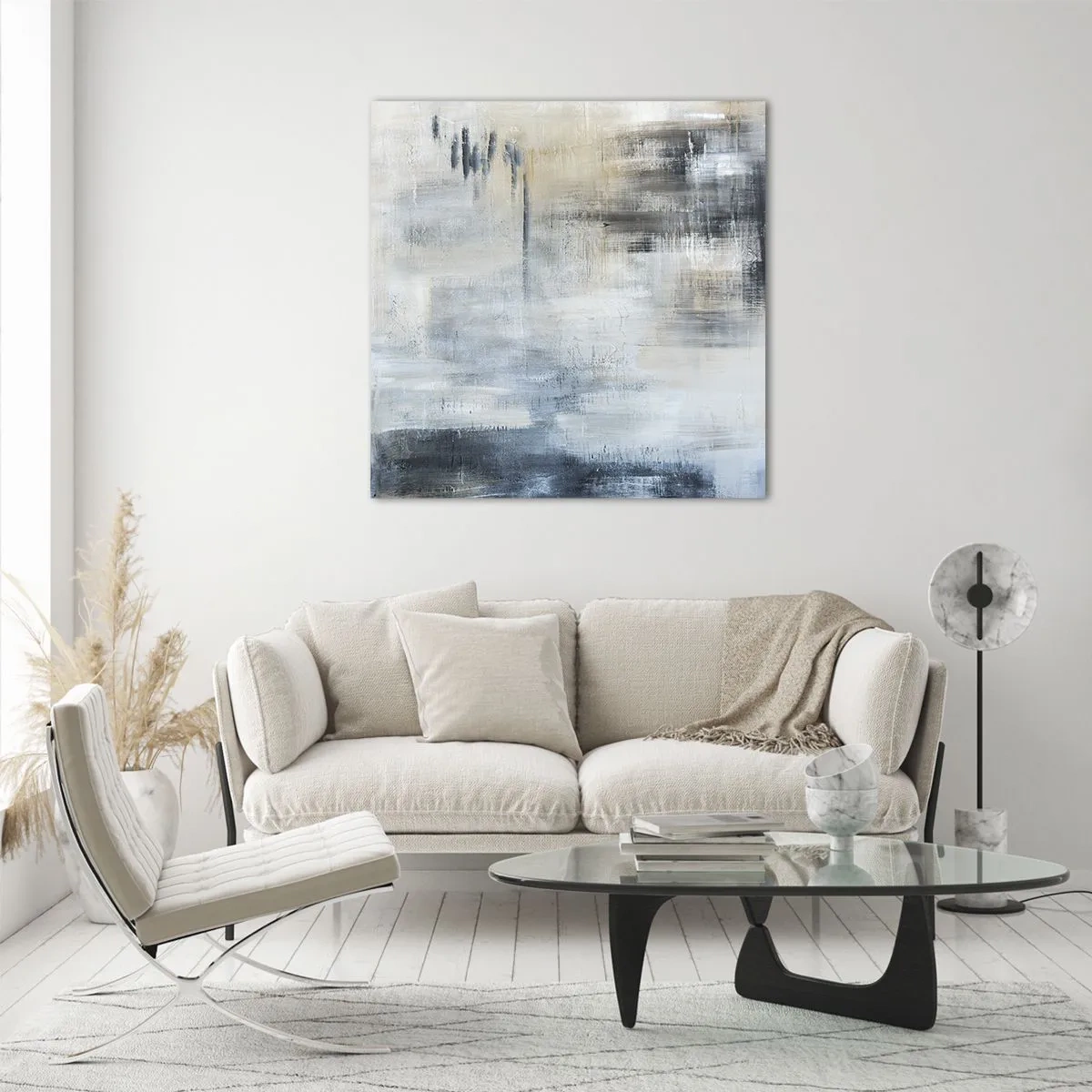 Quadro em vidro - Atrás da cortina azul - 40x40 cm