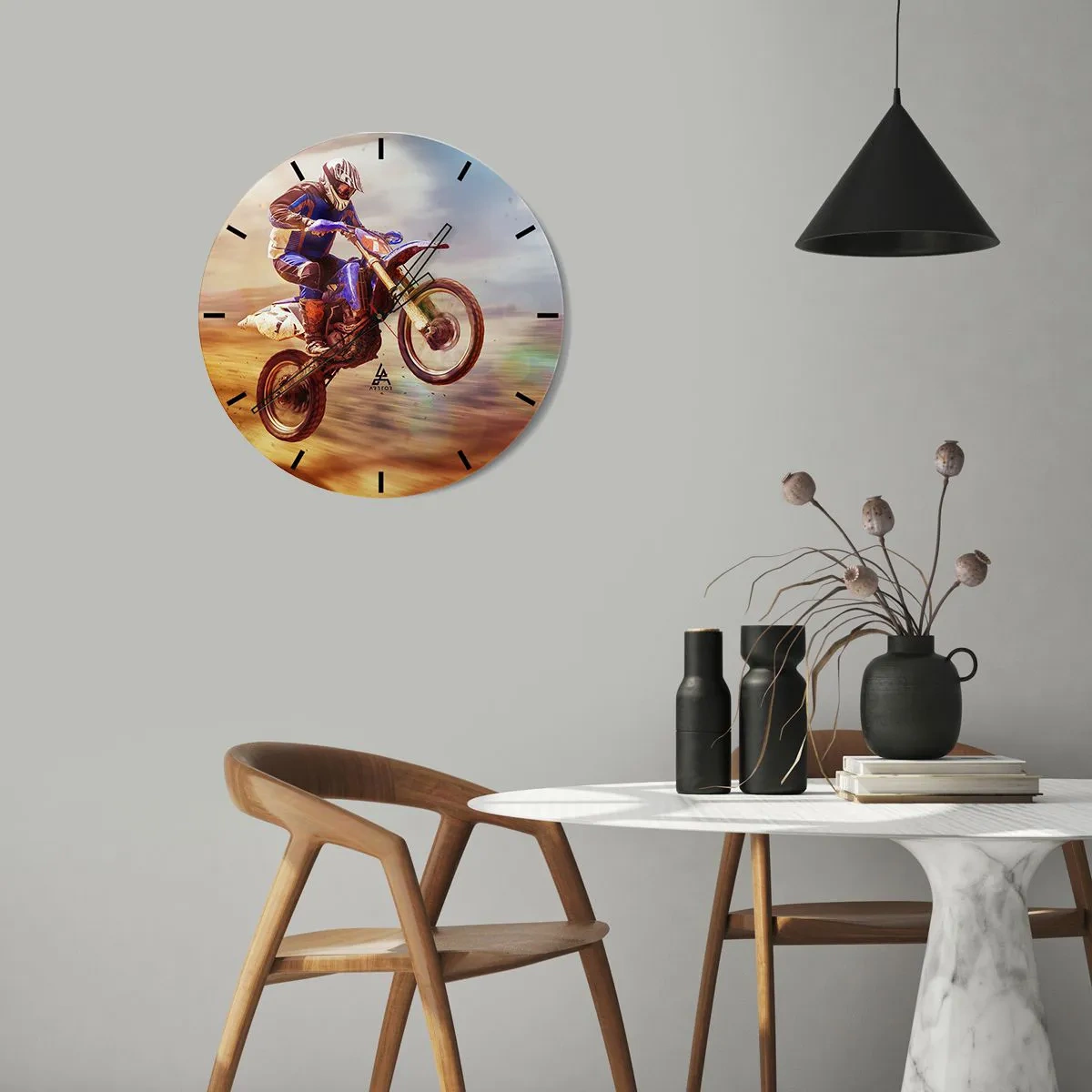 Relógio de parede - Relógio em vidro - Um piloto em uma moto de motocross em uma foto dinâmica - 30x30cm - Vertigem da motocicleta - Decoração de parede moderna para a sala de estar, cozinha e quarto ARTTOR