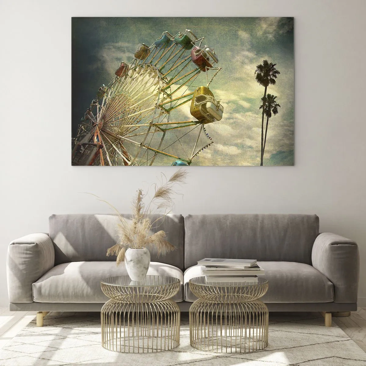 Quadro em vidro - Uma roda gigante contra o céu e palmeiras em estilo retrô - 70x50cm - Será divertido… - Decoração de parede moderna para a sala de estar e quarto ARTTOR