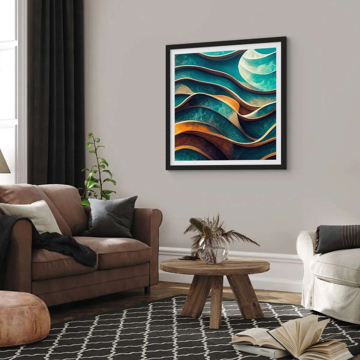 Pôster com moldura preta - Meandros de azul - 50x50 cm