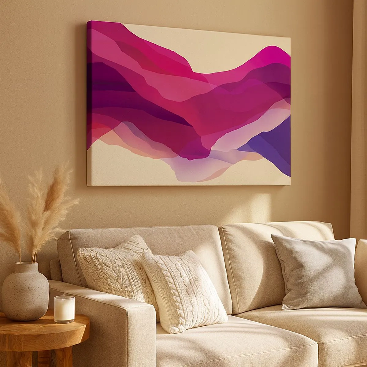 Quadro em tela - Ondas abstratas em tons de roxo e rosa sobre um fundo claro - 70x50cm - Ondas de roxo - Decoração de parede moderna para a sala de estar e quarto ARTTOR